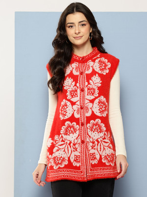 Roadster Floral Print Round Neck Casual Women Red Sweater