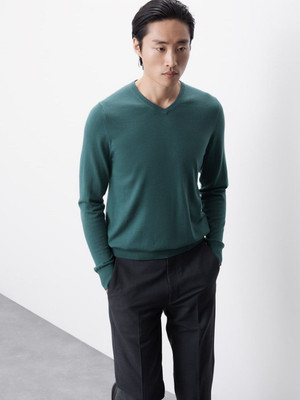 MARKS & SPENCER Solid V Neck Casual Men Green Sweater