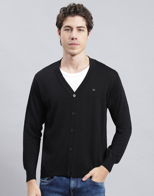 MONTE CARLO Solid V Neck Casual Men Black Sweater
