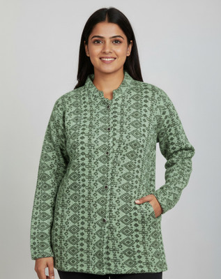 velva Printed Mandarin Neck Casual Women Light Green Sweater