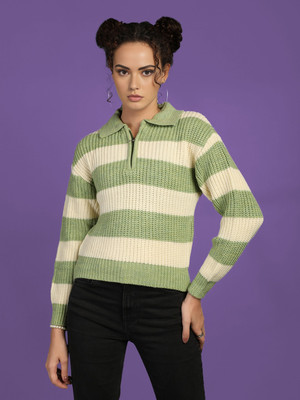 CHKOKKO Striped Collared Neck Casual Women Green, Beige Sweater