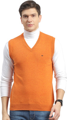 MONTE CARLO Solid V Neck Casual Men Orange Sweater