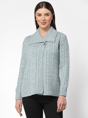 KALT Self Design Collared Neck Casual Women Light Blue Sweater