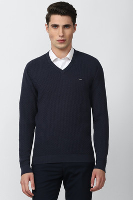 VAN HEUSEN Self Design V Neck Casual Men Dark Blue Sweater