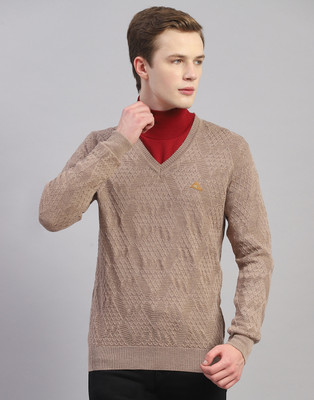 MONTE CARLO Solid V Neck Casual Men Brown Sweater