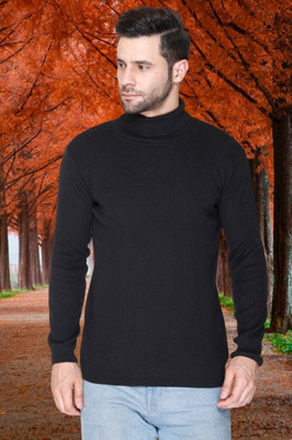 jorden4u Self Design Turtle Neck Casual Men Black Sweater