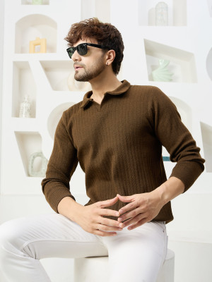 KVETOO Self Design Collared Neck Casual Men Brown Sweater