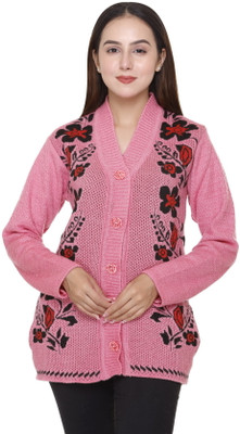 WOOL 4U Self Design V Neck Casual Women Pink Sweater