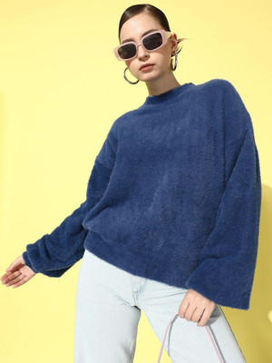Roadster Self Design Round Neck Casual Women Blue Sweater