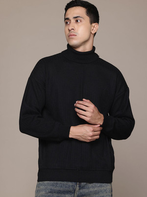 Roadster Self Design High Neck Casual Men Black Sweater