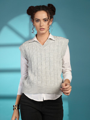 CHKOKKO Self Design Collared Neck Casual Women Grey Sweater