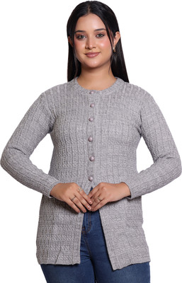 Varenyam Self Design Ruffle Neck Casual Women Grey Sweater