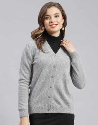 MONTE CARLO Solid V Neck Casual Women Grey Sweater