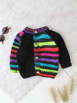 Woonie Striped Round Neck Casual Baby Boys & Baby Girls Black Sweater