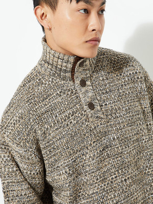 MAX Self Design Turtle Neck Casual Men Beige Sweater