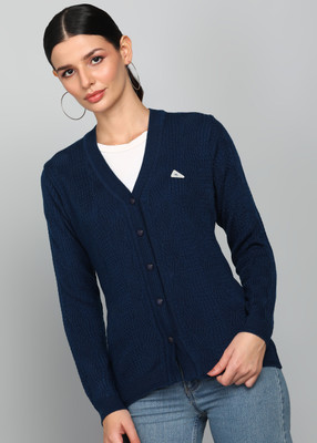 MONTE CARLO Self Design V Neck Casual Women Blue Sweater