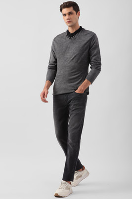 PETER ENGLAND Self Design V Neck Casual Men Grey Sweater