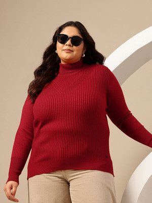Sztori Self Design High Neck Casual Women Maroon Sweater