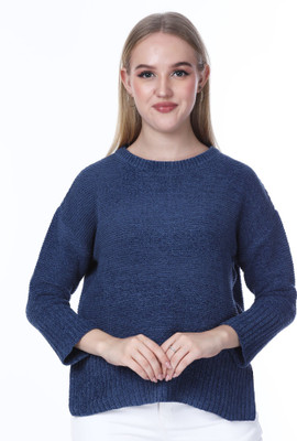NOQUO Self Design Round Neck Casual Women Dark Blue Sweater