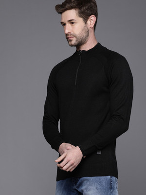 WROGN Solid High Neck Casual Men Black Sweater