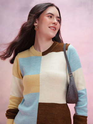 Dressberry Colorblock Round Neck Casual Women Yellow Sweater