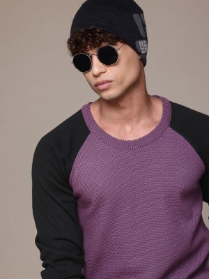 Roadster Solid Round Neck Casual Men Purple Sweater