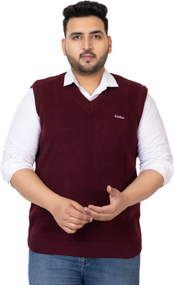 KVETOO Self Design V Neck Casual Men Maroon Sweater
