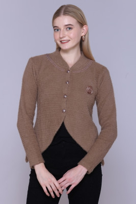 FASHIONLOOK Self Design Mandarin Neck Casual Women Brown Sweater