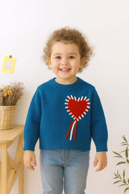NEUDIS Embroidered Round Neck Casual Girls Blue Sweater