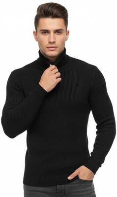 SABAFASHIONSTS Solid High Neck Casual Men Black Sweater