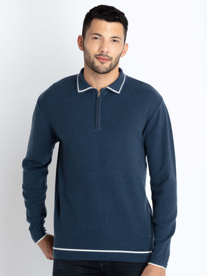Status Quo Solid Collared Neck Casual Men Blue Sweater