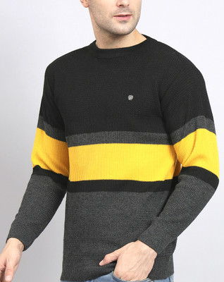 eWools Striped Round Neck Party Men Black Sweater