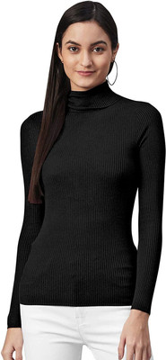 Oishee Solid High Neck Casual Women Black Sweater