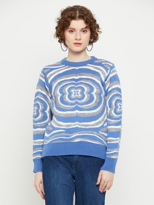 KASMA Printed Round Neck Casual Women Blue Sweater