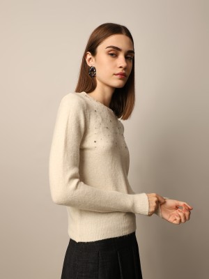 ONLY Embellished Round Neck Casual Women Beige Sweater