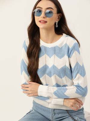 Dressberry Striped Round Neck Casual Women White Sweater