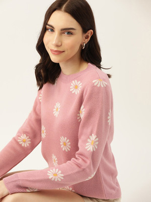 Dressberry Self Design Round Neck Casual Women Pink Sweater