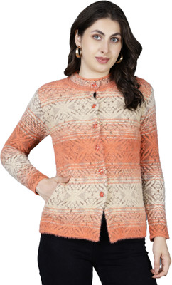 HITTIKA Self Design Round Neck Casual Women Orange, Beige Sweater