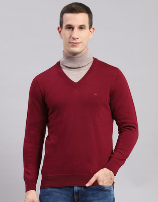 MONTE CARLO Solid V Neck Casual Men Maroon Sweater