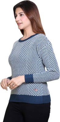 WORIAN Woven Round Neck Casual Women Blue, White Sweater