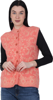 HITTIKA Self Design V Neck Casual Women Orange Sweater