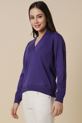 Allen Solly Solid V Neck Casual Women Purple Sweater