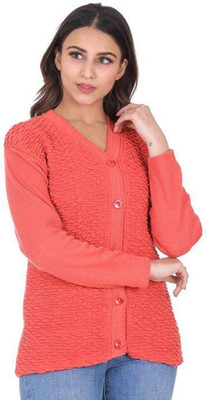 Shunit creation Self Design V Neck Lounge Wear Women Orange Sweater