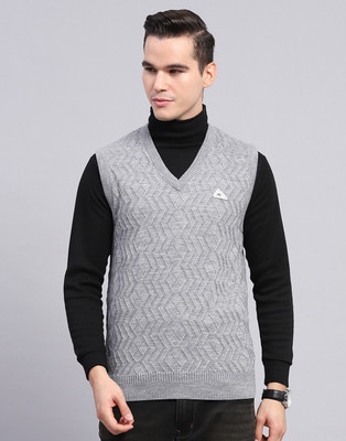 MONTE CARLO Self Design V Neck Casual Men Grey Sweater