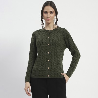 MADAME Solid V Neck Casual Women Green Sweater