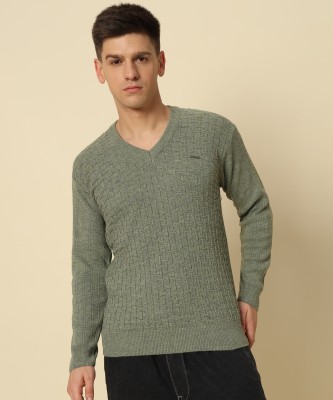 SILVANUS Solid V Neck Casual Men Light Green Sweater