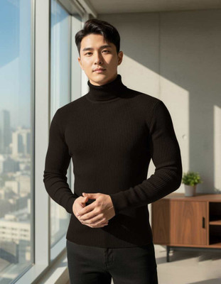 nikline Solid High Neck Casual Men Brown Sweater