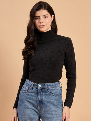 RVK Self Design High Neck Casual Women Grey Sweater