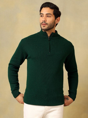 Voxmonks Self Design High Neck Casual Men Dark Green Sweater