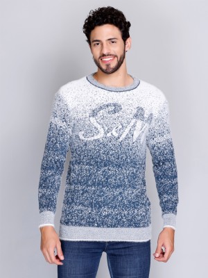 eWools Self Design Round Neck Casual Men Blue, White Sweater